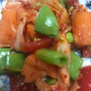 キムチとサーモンの彩り野菜サラダ風おつまみ
